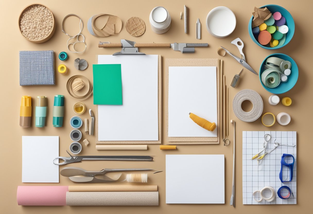 Various craft supplies arranged on a table, including fabric, scissors, glue, and decorative items. A large corkboard or foam board with a grid drawn on it, ready to be filled with DIY projects