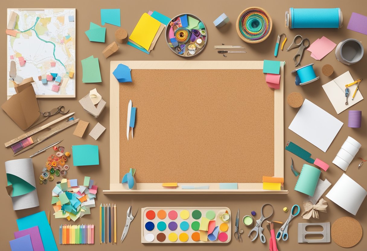 A table with various crafting supplies scattered around, including scissors, glue, and colorful paper. A large cork board and various smaller ones are propped up against the wall, with examples of finished life-size Pinterest boards displayed on them