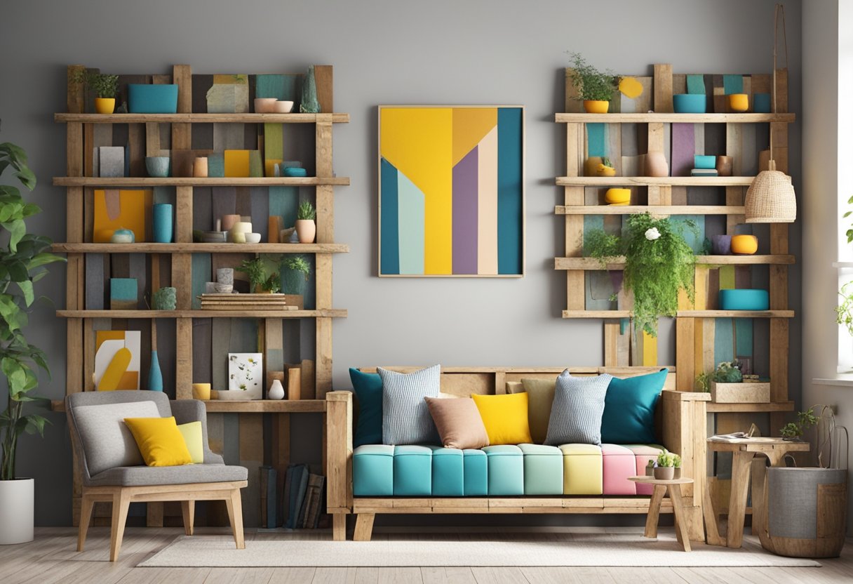 A room with DIY decor made from repurposed materials, like wooden pallets turned into shelves and frames, and colorful fabric or paper used as wall art