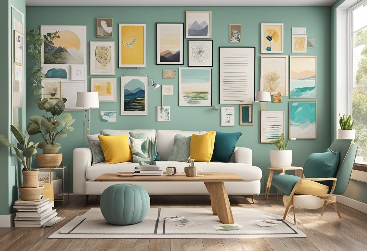 A room with life-size Pinterest boards on the walls, showcasing various themes and interests. The boards are made of inexpensive materials and serve as unique wall decor