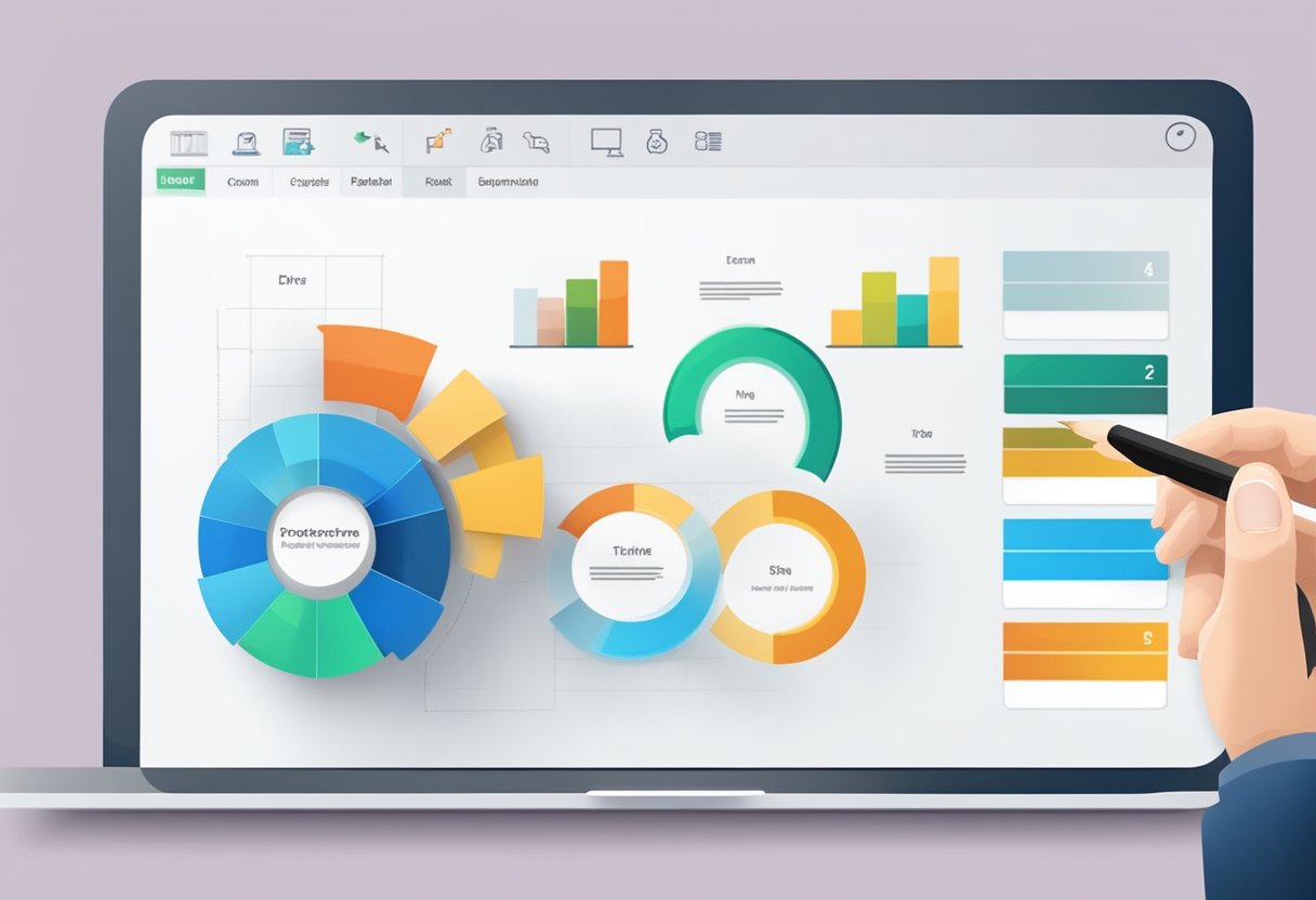 A hand selects a template from a dropdown menu and applies it to a PowerPoint slide. The template instantly transforms the slide's design