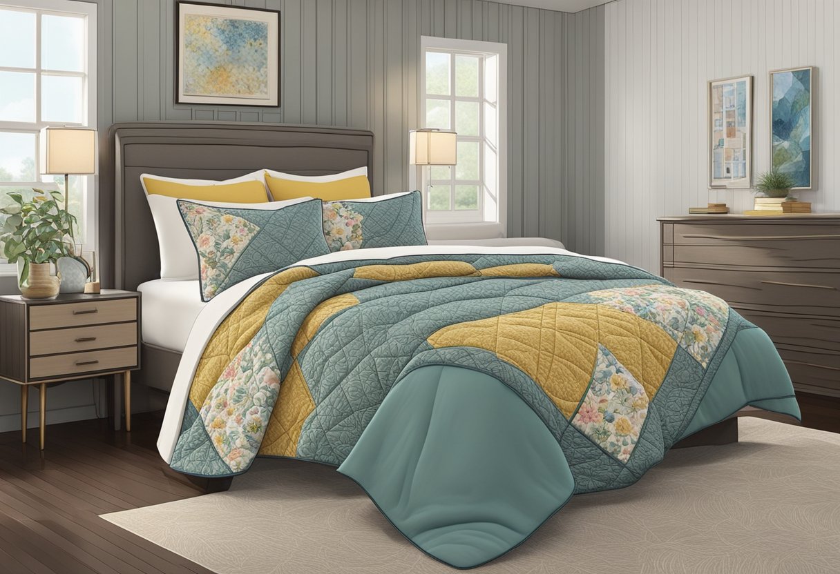 A cozy bedroom with a neatly made bed adorned with a bed-size quilt and matching throw. The quilt sizes and dimensions are clearly visible, showcasing the variety of patterns and designs available