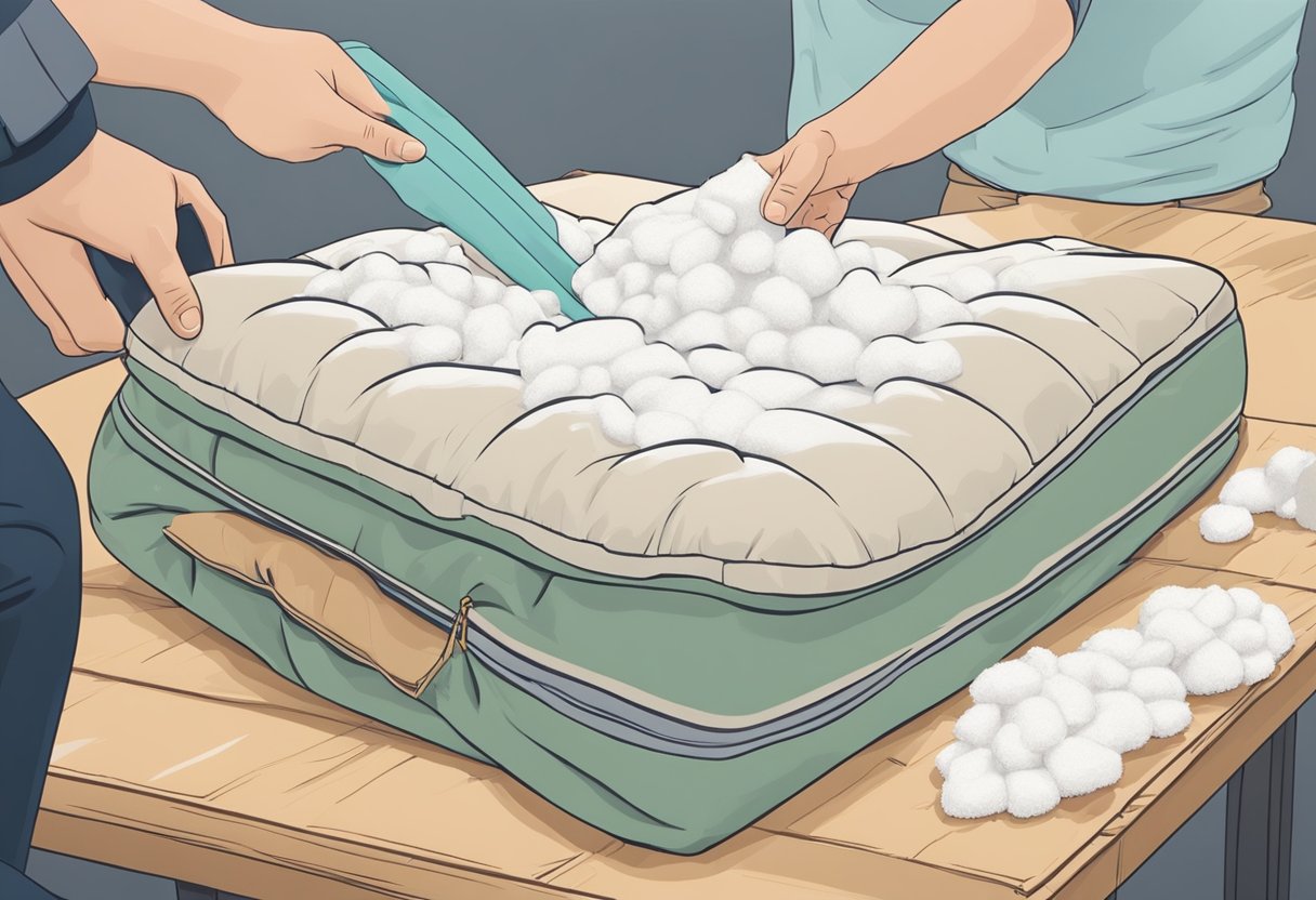 A couch cushion being unzipped, with foam and stuffing materials spread out on a table nearby. A hand holding a handful of stuffing material ready to be inserted into the cushion