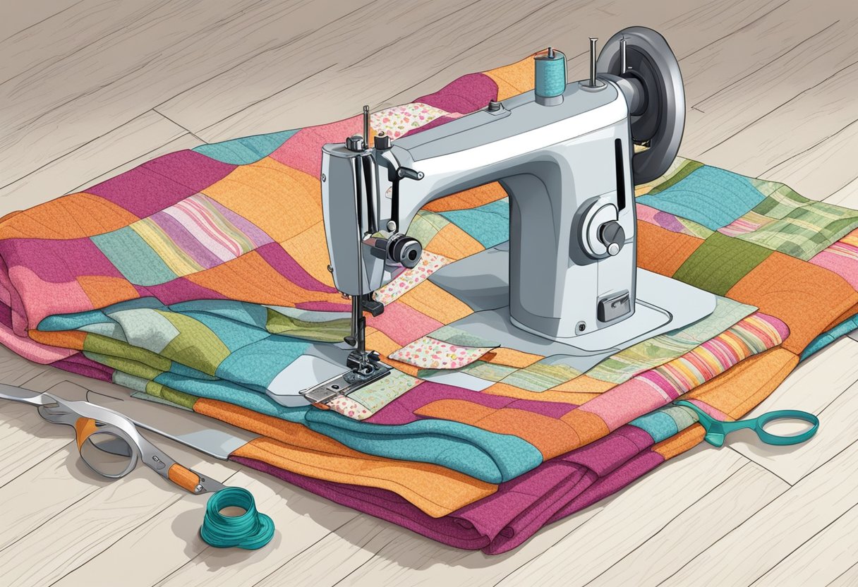 A sewing machine, fabric, thread, scissors, and a cutting mat lay on a table. A bed-size quilt pattern and a throw pattern are spread out next to them