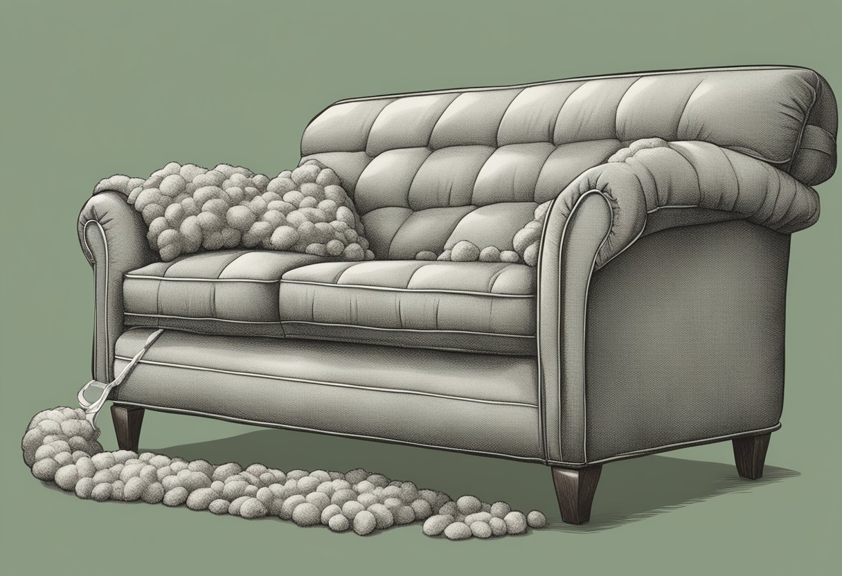A couch cushion being unzipped, filled with new stuffing, and zipped back up to restore its fullness
