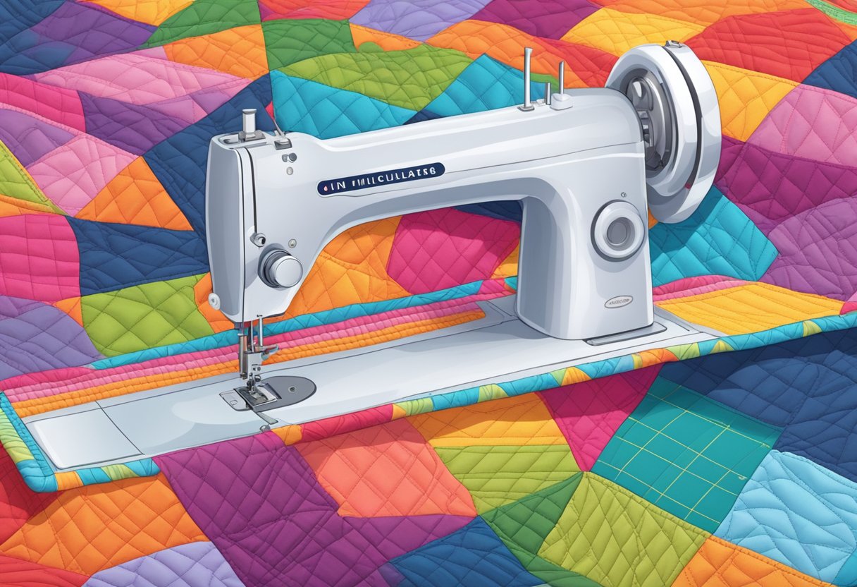 A sewing machine stitches a colorful quilt pattern on a bed-sized quilt. A stack of fabric and a quilting ruler sit nearby