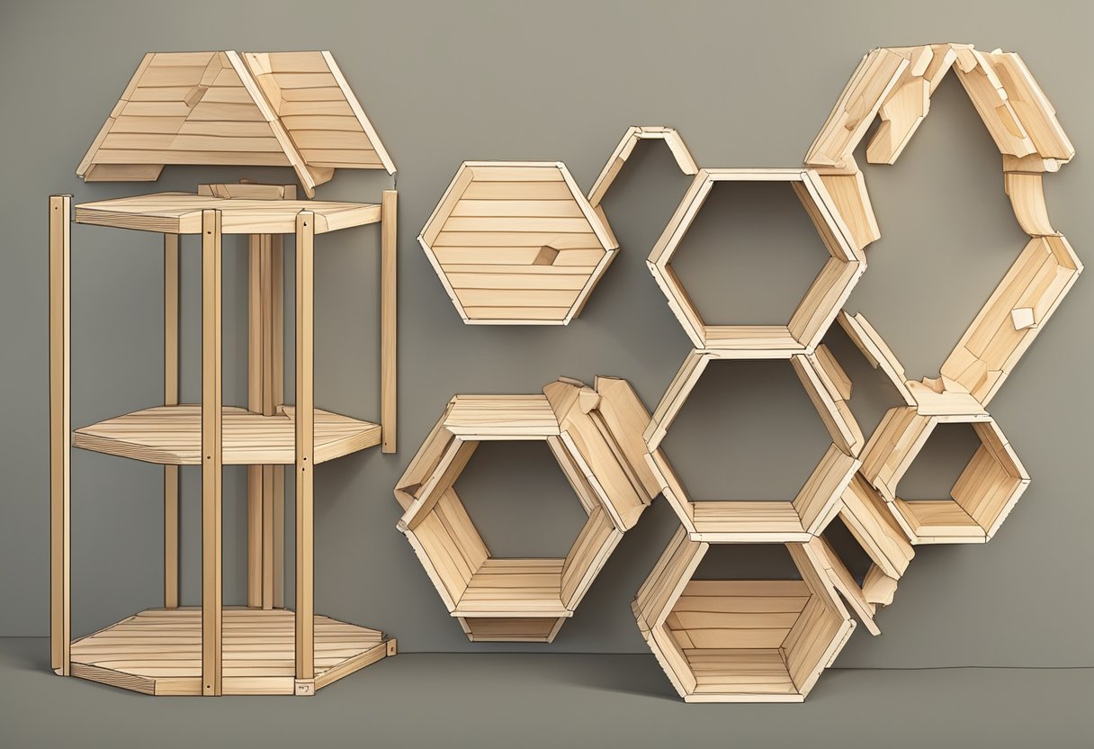 Wooden hexagon shelves being assembled with glue and clamps. Pieces carefully aligned and secured. Instructions and tools laid out nearby