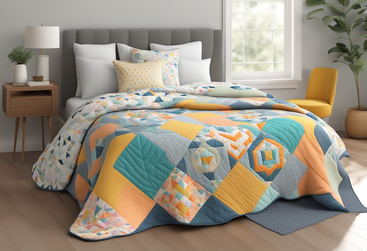 A cozy bed with a colorful bed-size quilt draped over it, surrounded by a few coordinating throw pillows. The quilt features simple, beginner-friendly patterns