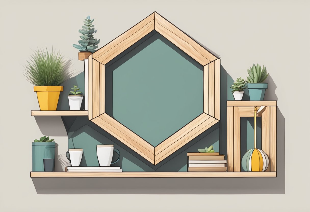 A wooden hexagon shelf being built and styled with decorative items