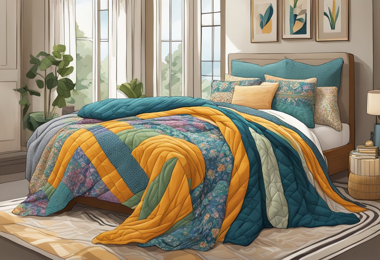 A cozy bed with a large quilt draped over it, showcasing intricate patterns and vibrant colors. A throw blanket is folded neatly at the foot of the bed