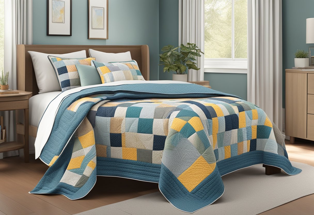 A cozy bedroom with a large bed covered in a bed-size quilt featuring advanced quilt patterns. A throw blanket with matching patterns is draped over a nearby chair