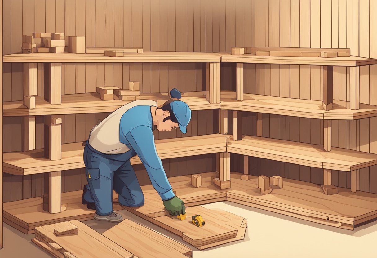 A carpenter assembles wooden hexagon shelves, using tools and measuring tape, in a well-lit workshop. Wood and screws are neatly organized nearby
