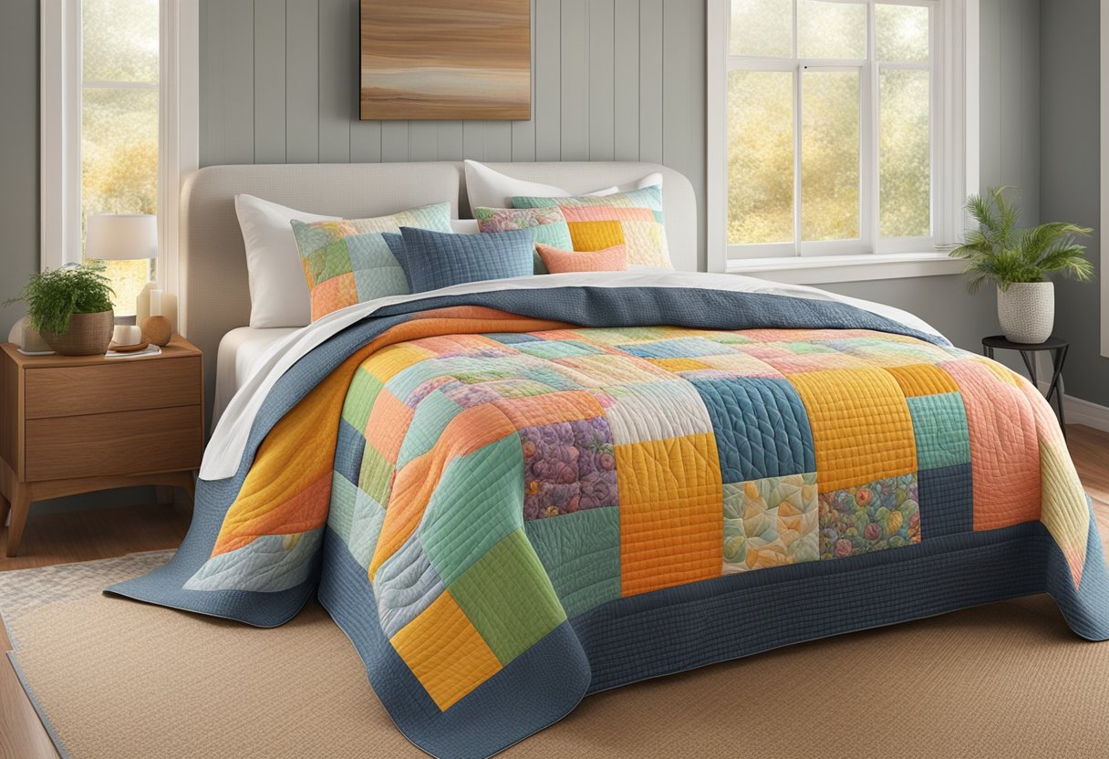 A cozy bed with a colorful quilt draped over it, showcasing various free quilt patterns in a warm and inviting setting