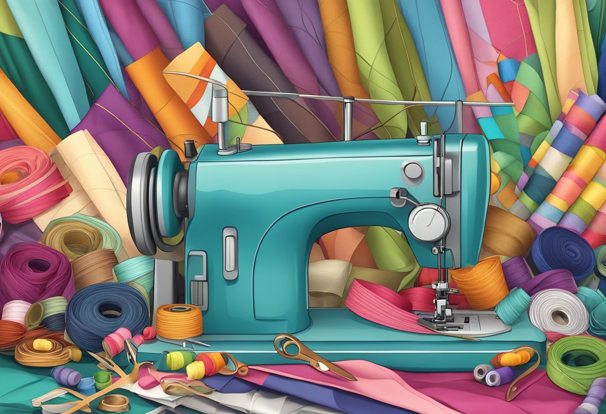 A table scattered with colorful fabric scraps, beads, and thread. A pair of scissors and a sewing machine sit ready for use