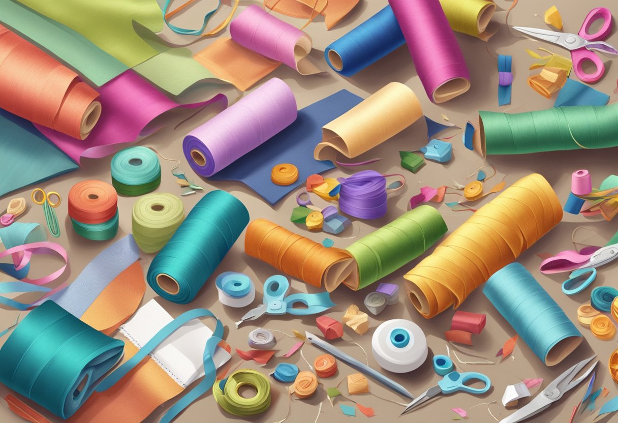 Colorful fabric scraps scattered around a table with various toys and gift items in the background. Sewing materials and craft tools are also visible
