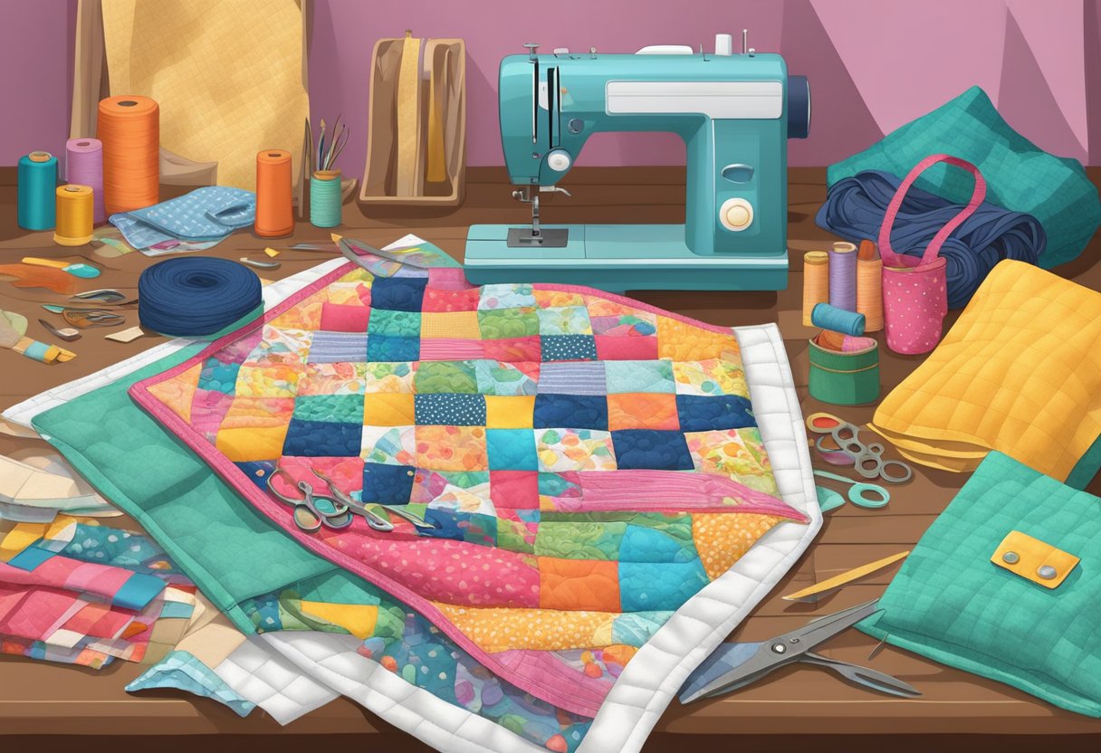 A table with colorful scrap fabric, scissors, and a sewing machine. A finished quilt and a tote bag showcase the potential projects
