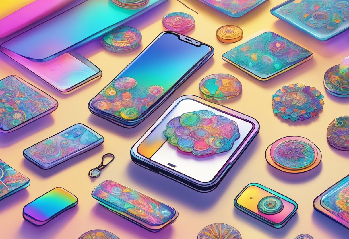 A table covered in colorful Shrinky Dink creations, with a smartphone displaying TikTok in the background. Bright lighting highlights the intricate designs