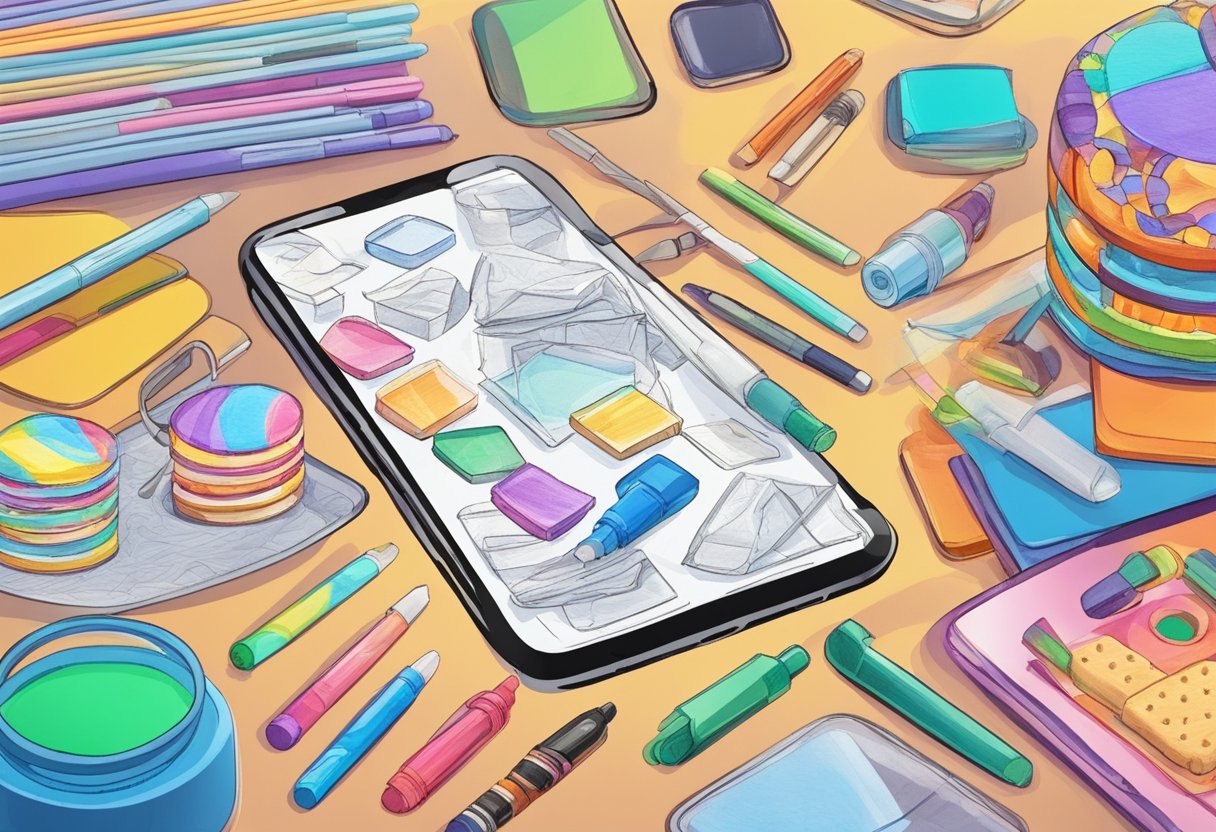 A table cluttered with colorful markers, scissors, and baking sheets. A smartphone displaying a TikTok tutorial on making Shrinky Dinks. A stack of finished, shrunken plastic creations