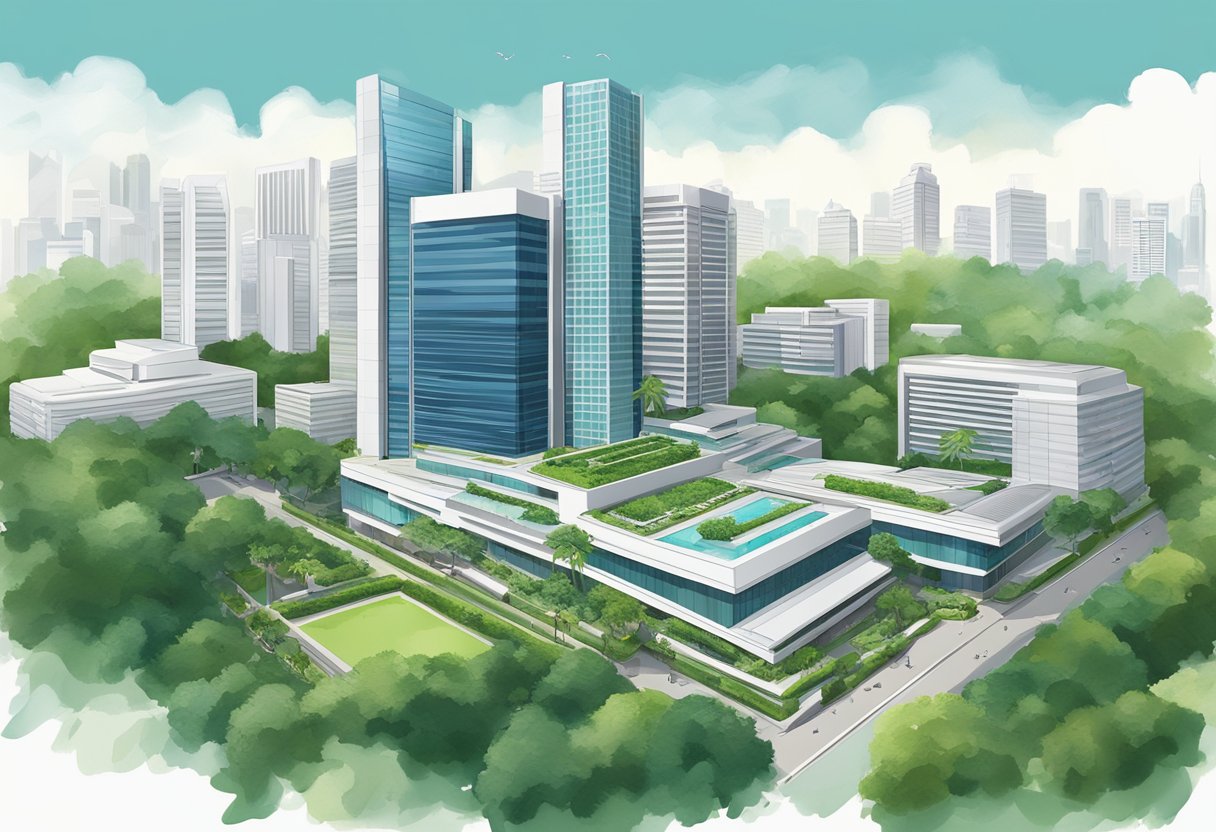 The Singapore court building stands tall and modern, with clean lines and a sleek facade, surrounded by lush greenery and a bustling cityscape