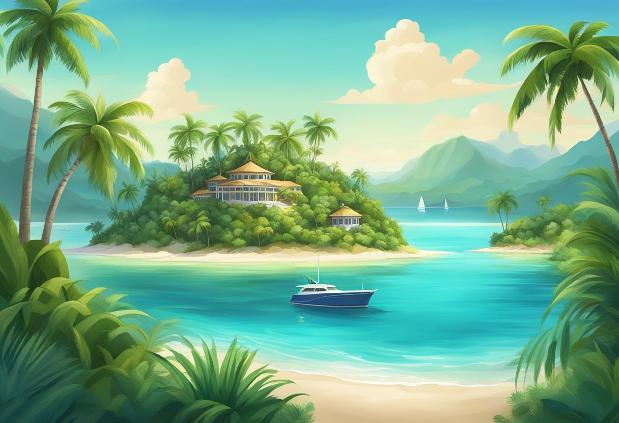 A lush tropical island with a country club nestled among palm trees and surrounded by crystal-clear waters