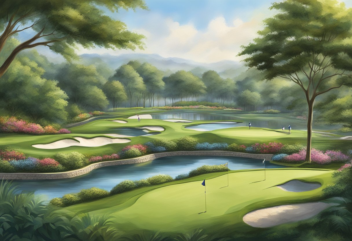 Golfers teeing off at SICC, surrounded by lush greenery and tranquil water features