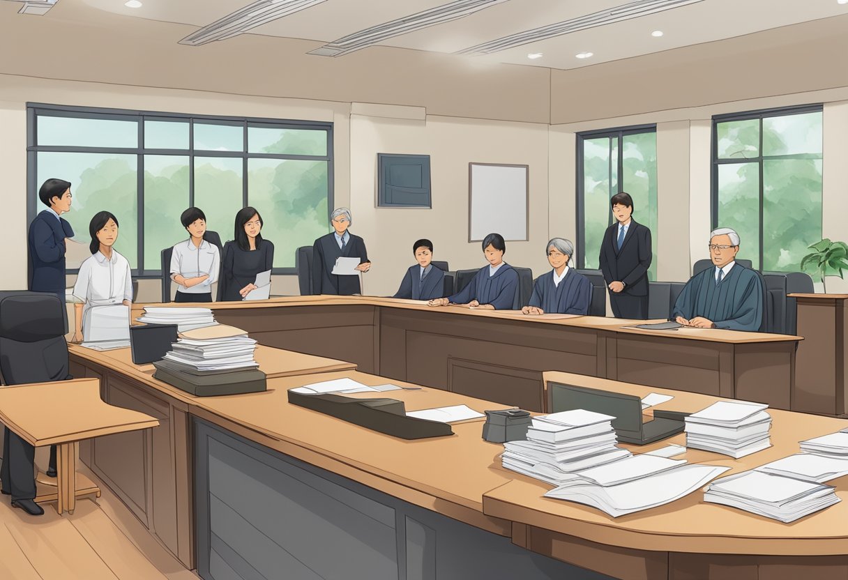 A courtroom in Singapore, with judges, lawyers, and defendants present. Documents and evidence are being presented and discussed