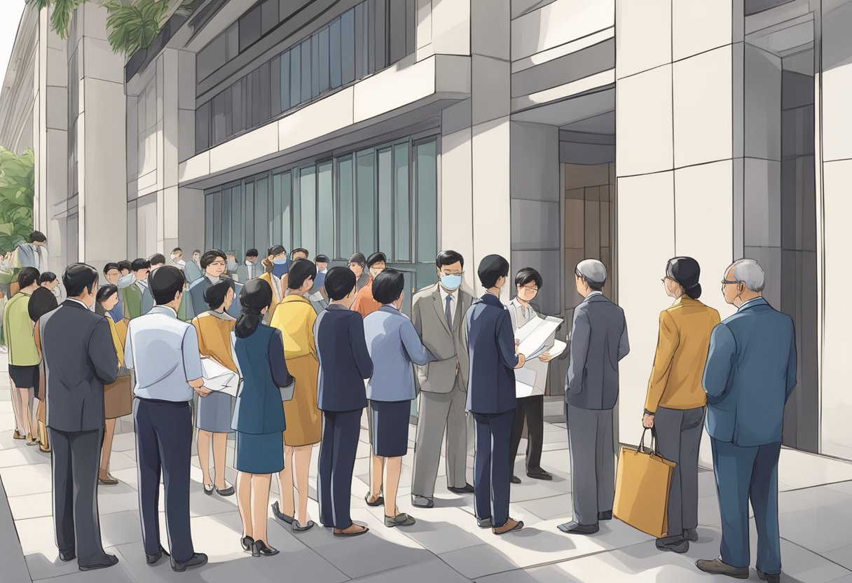 People line up outside a Singapore court, holding papers and talking to officials. The building's architecture is modern and imposing