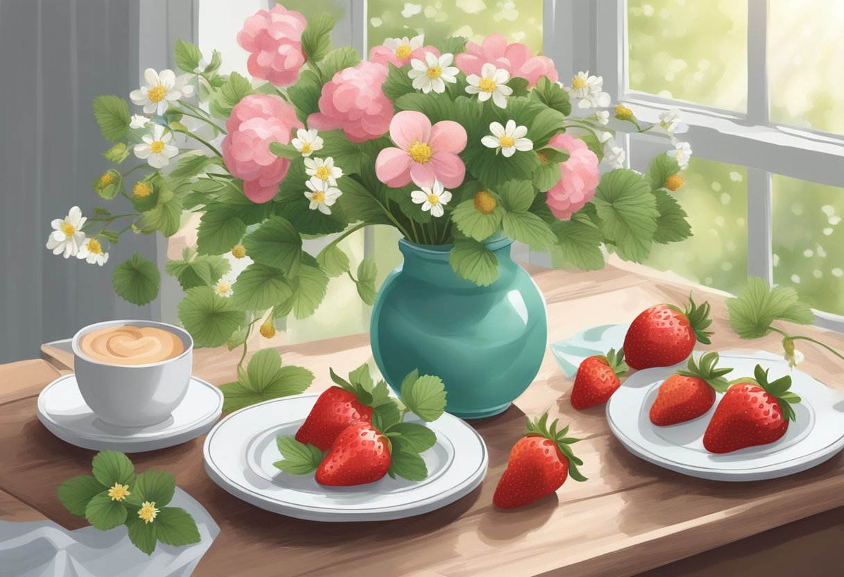 A table with a vase of DIY strawberries, surrounded by spring flowers and greenery