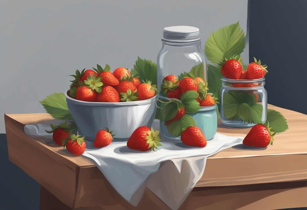 A table with a basket of strawberries, a jar of paint, and a paintbrush. A ribbon and some twine are nearby for decorating