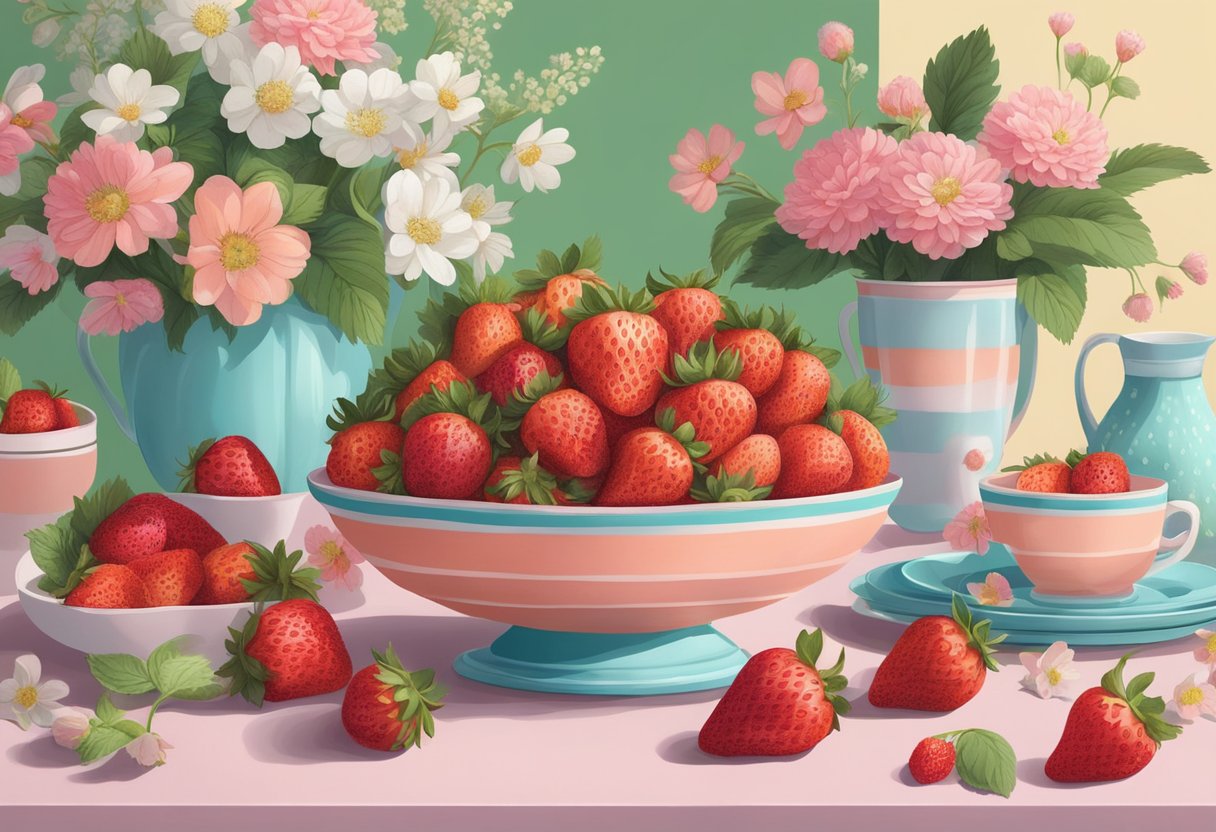 A table adorned with vibrant, handcrafted strawberries, surrounded by spring flowers and pastel-colored decor