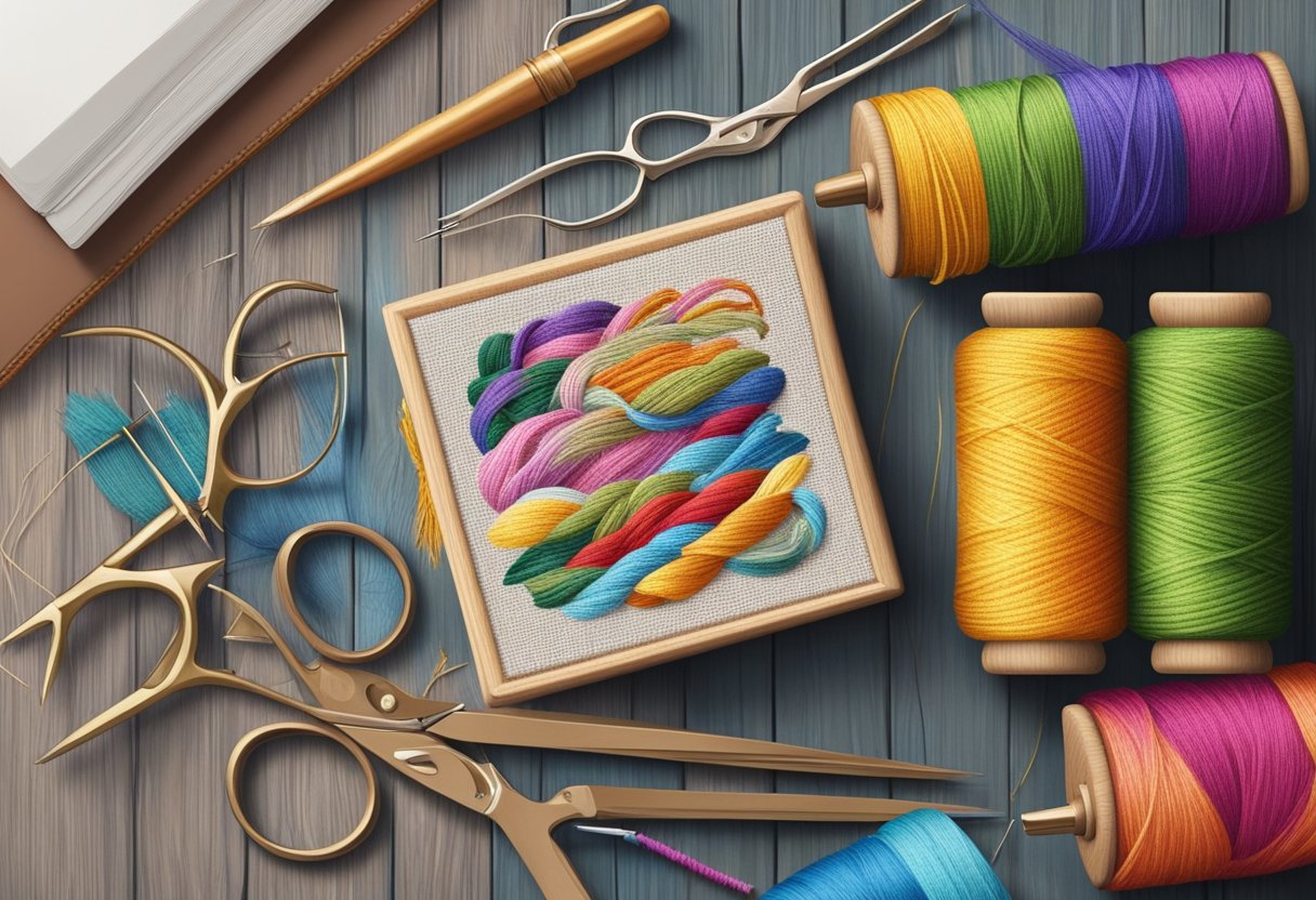 A needlepoint canvas sits on a wooden frame, with colorful threads and needles nearby. A pattern book and scissors are on the table