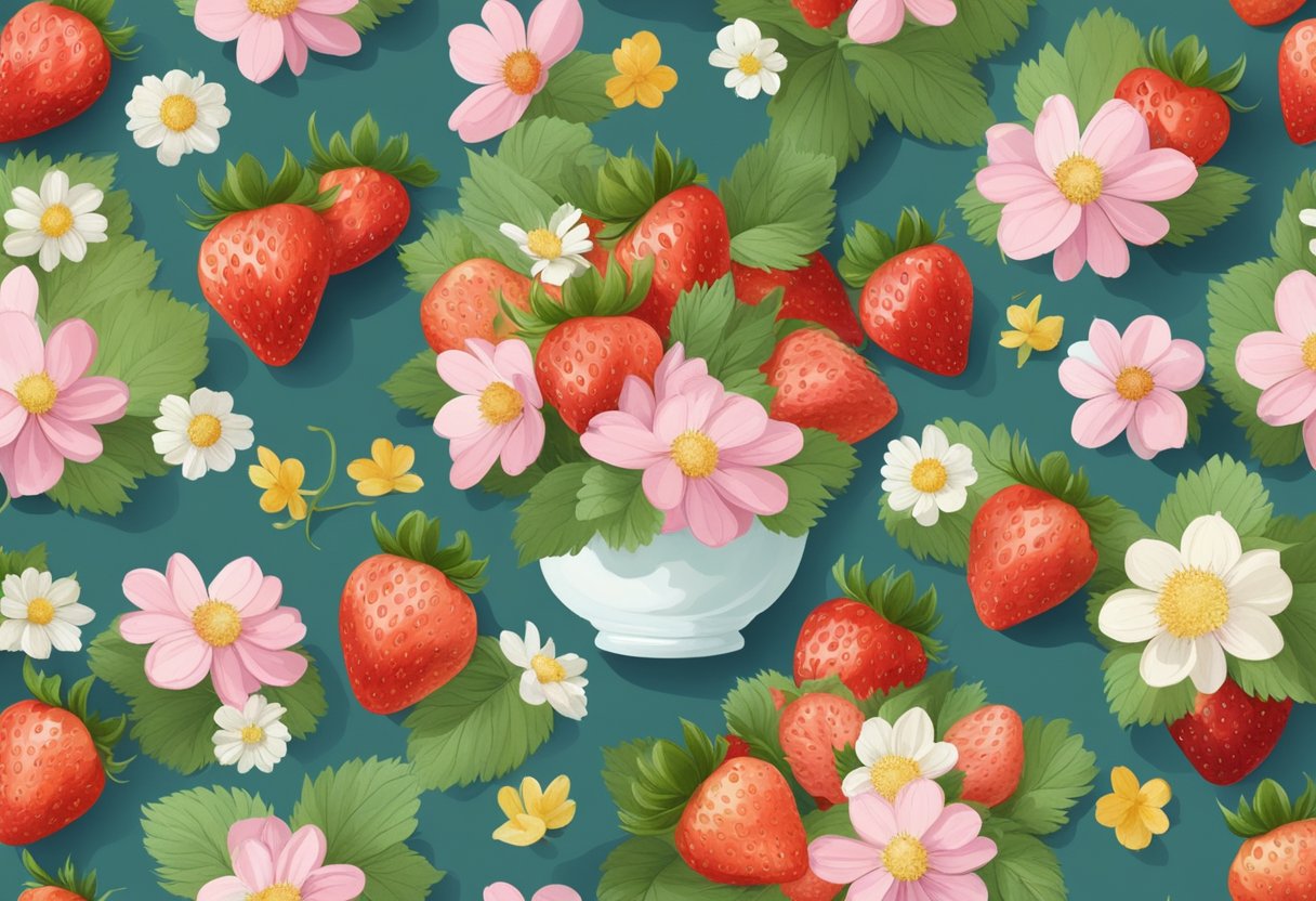 A table scattered with DIY strawberries, surrounded by spring flowers and decor