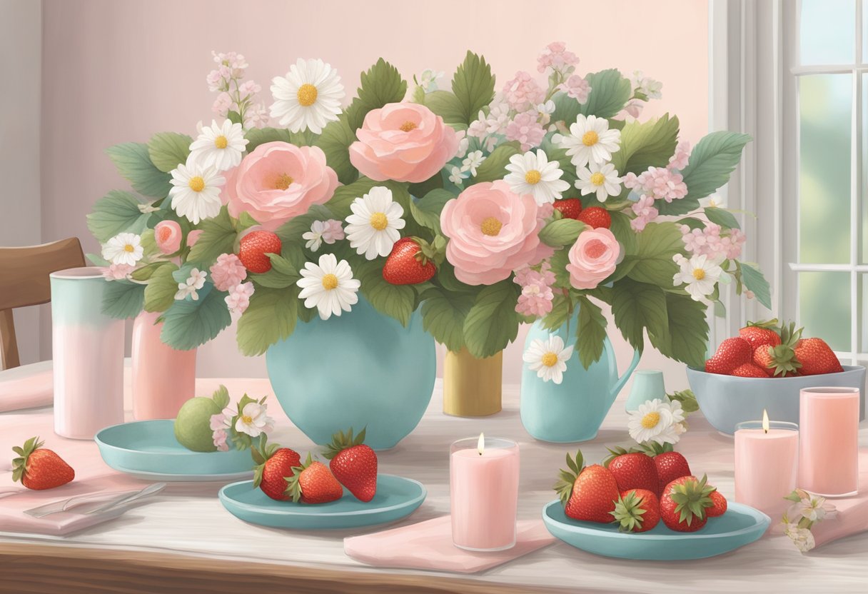 A table adorned with seasonal decor: DIY strawberries, flowers, and pastel-colored accents. Perfect for spring decorating