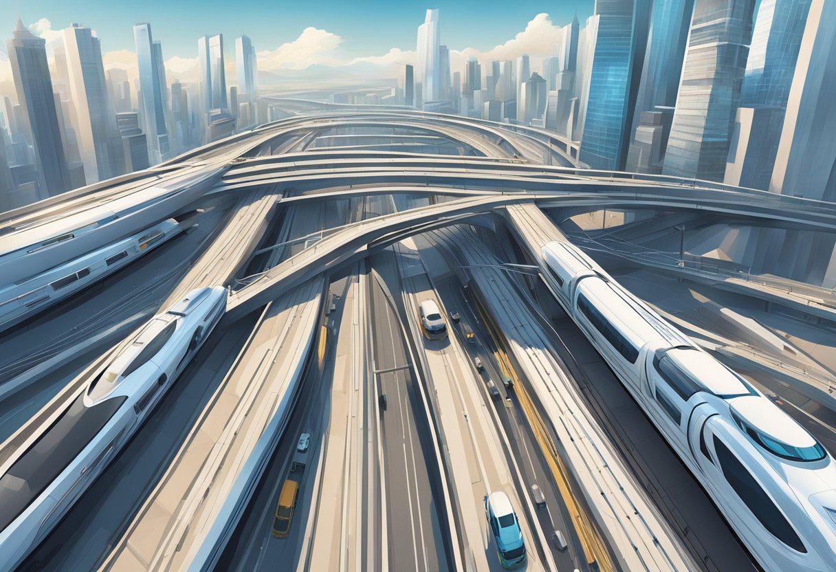 A futuristic cityscape with high-speed trains and sleek vehicles racing through a network of elevated highways and tunnels. Skyscrapers and cutting-edge architecture dominate the skyline