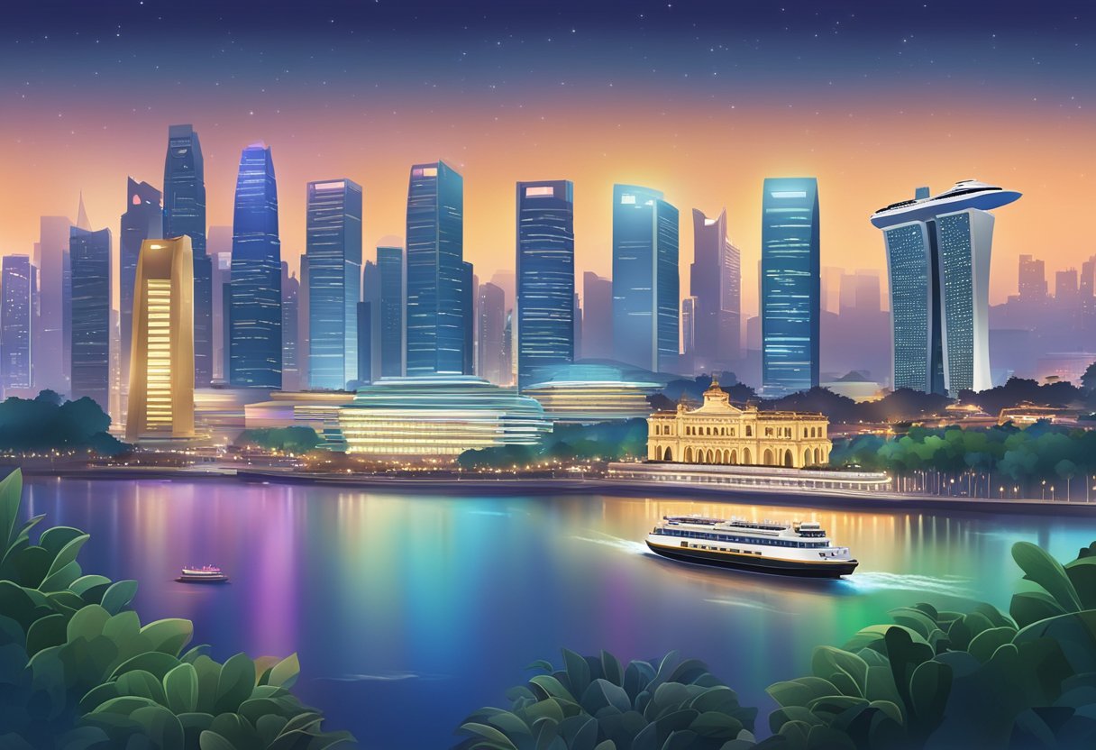 A bustling cityscape with Singapore's iconic skyline fading into the distance as a ferry crosses the waters towards the vibrant lights of Macau