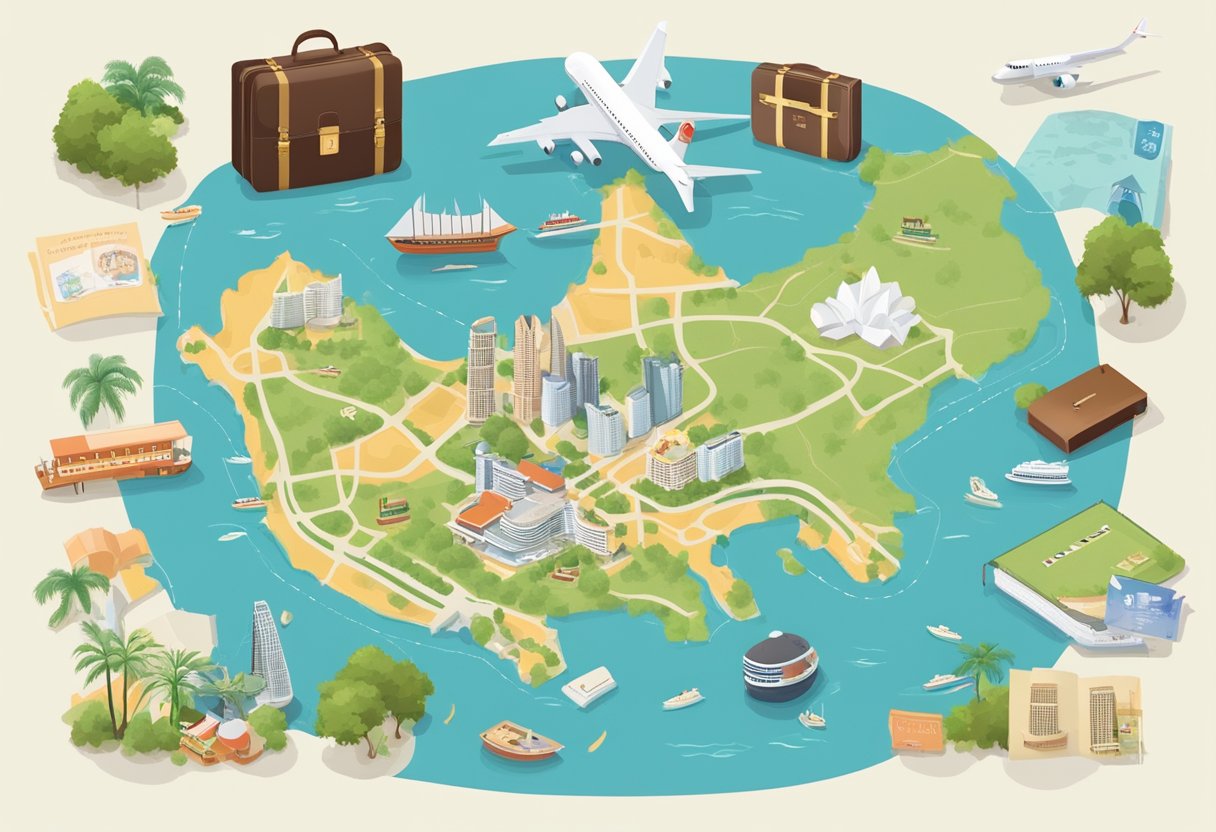 A map of Singapore and Macau with travel essentials like passports, tickets, and a suitcase