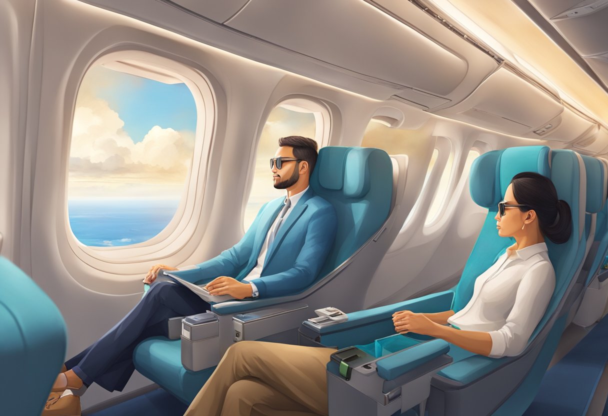 Passengers relax in comfortable seats, gazing out at the clouds and ocean below during the flight from Singapore to Macau