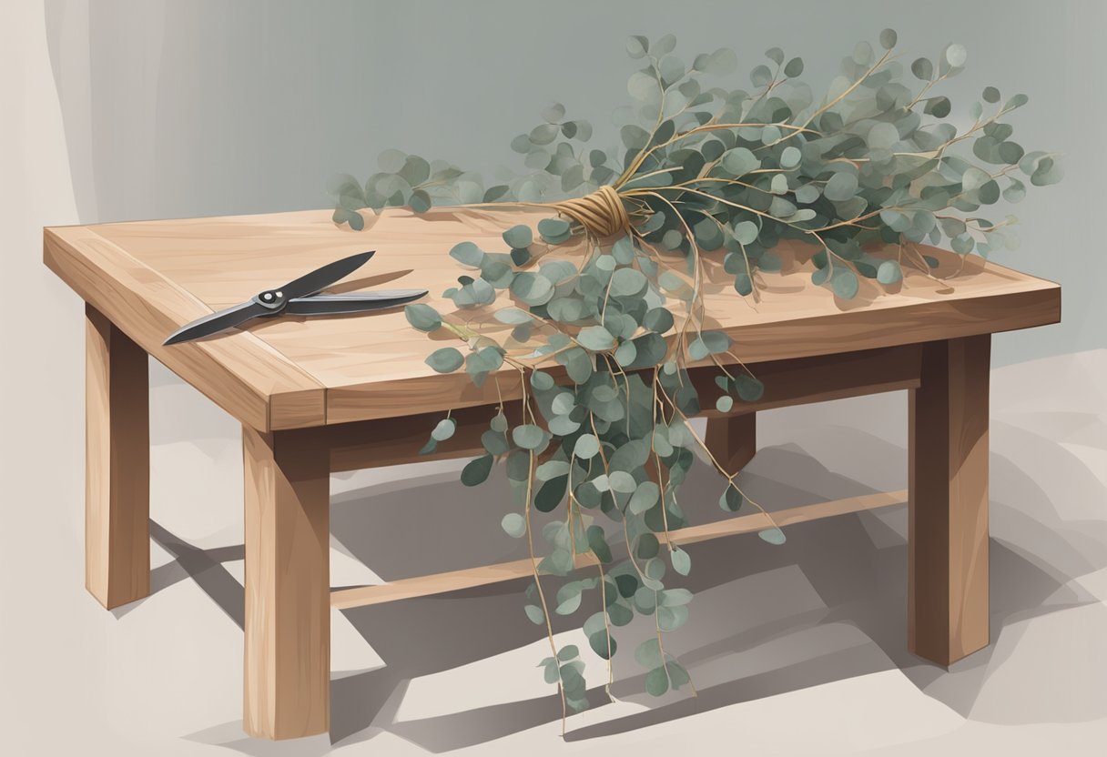 A table with eucalyptus branches, twine, and scissors. A step-by-step guide next to the materials