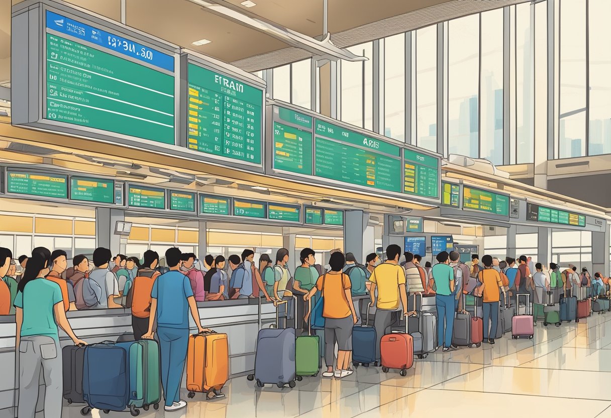 A busy airport terminal with a long line of travelers at the check-in counter, luggage carts, and departure boards displaying flights from Singapore to Macau