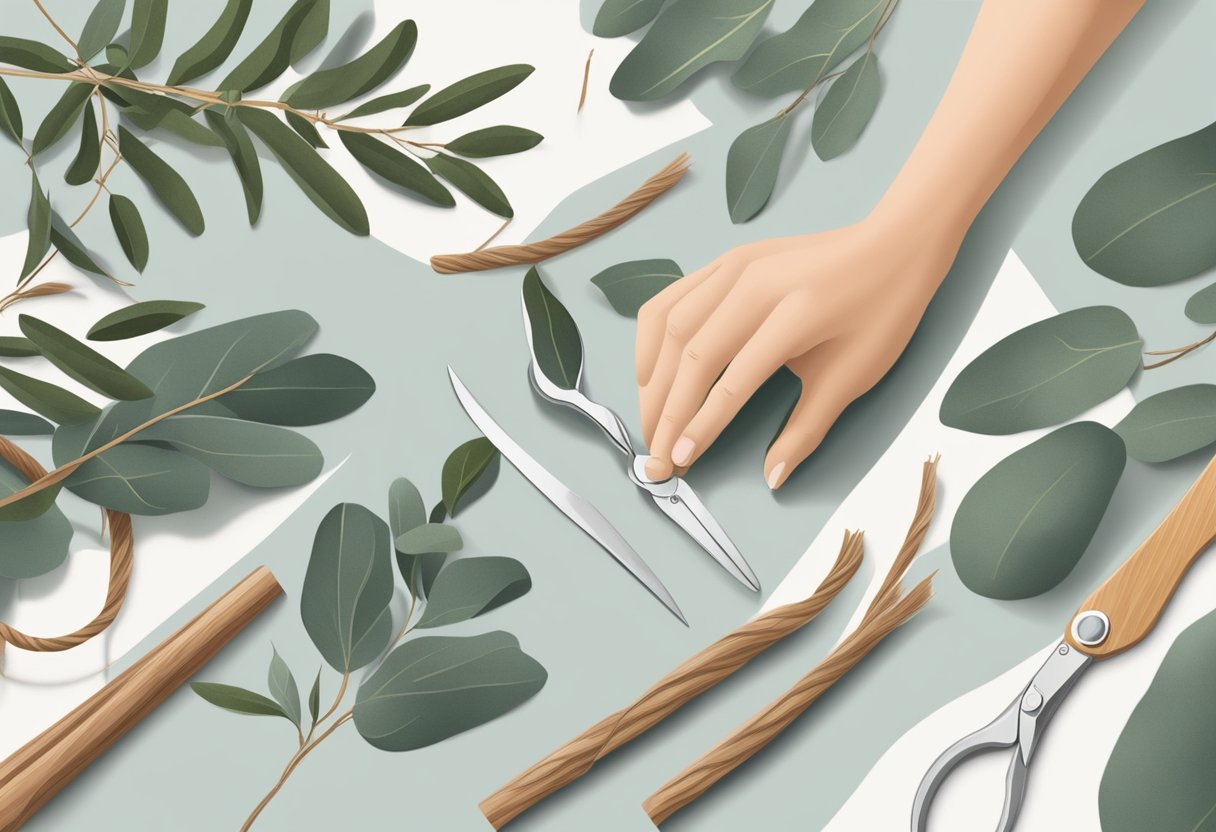 A hand reaches for eucalyptus branches, scissors, and twine on a clean, organized surface. A step-by-step guide is laid out next to the materials