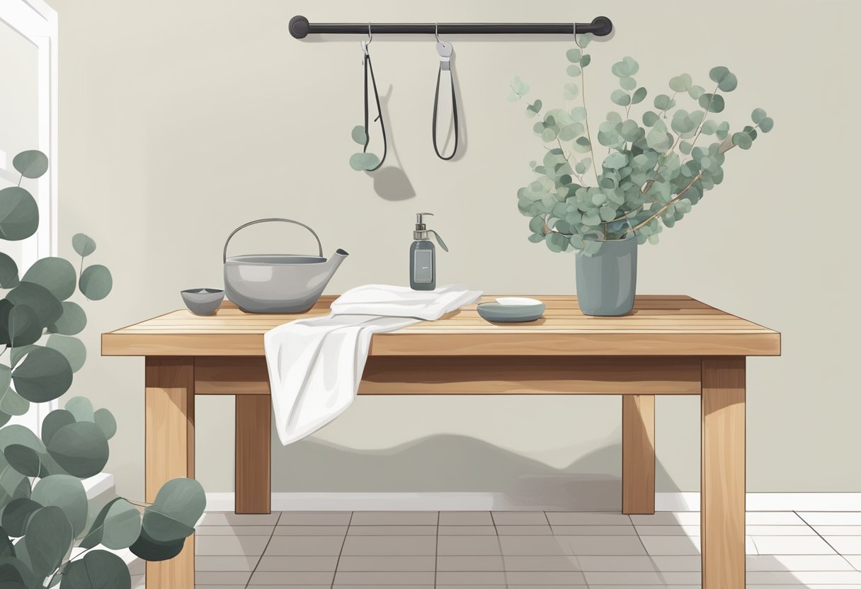 A table with eucalyptus branches, twine, and scissors. A step-by-step guide on a wall. A shower in the background