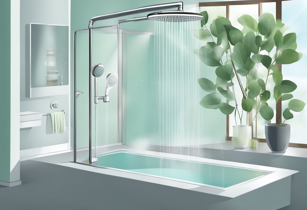 A clear glass shower with a eucalyptus bundle hanging from the showerhead, steam rising and the refreshing scent filling the air