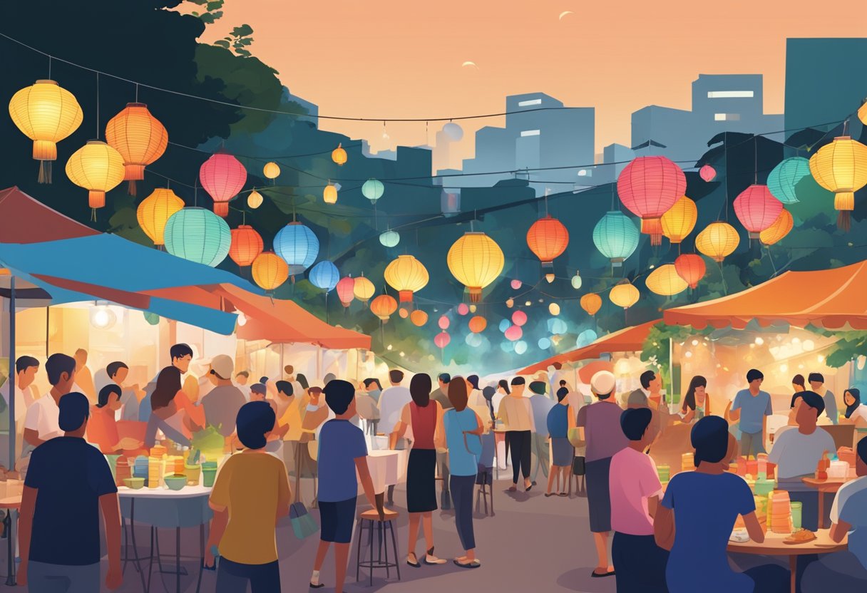 A bustling social gathering in Singapore, with colorful lanterns hanging overhead and people mingling around food stalls and live music