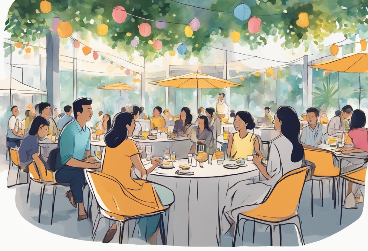 People discussing events in a vibrant Singapore setting. Tables, chairs, and decorations fill the space. Laughter and conversation fill the air