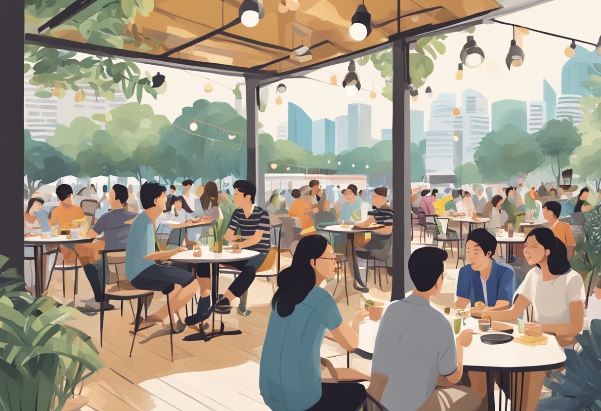 People chatting at outdoor cafe tables, while others play games and listen to live music in a bustling Singaporean social gathering