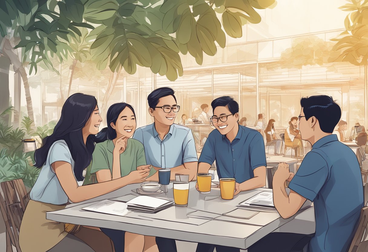 A group of people gathered in a social setting in Singapore, engaging in conversation and exchanging information