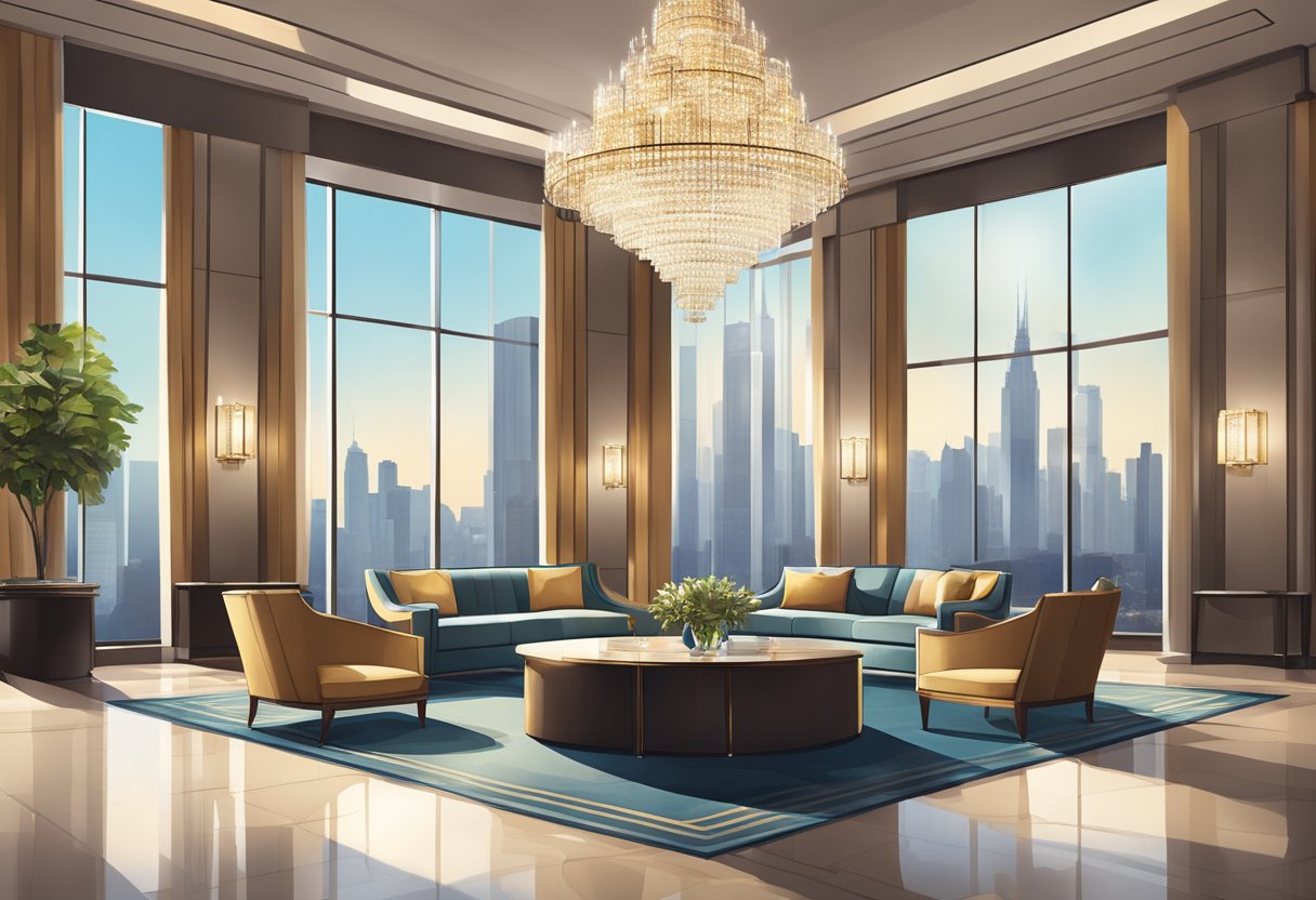 A luxurious hotel lobby with modern decor, plush seating, and a grand chandelier. The space is filled with natural light and offers a view of the city skyline