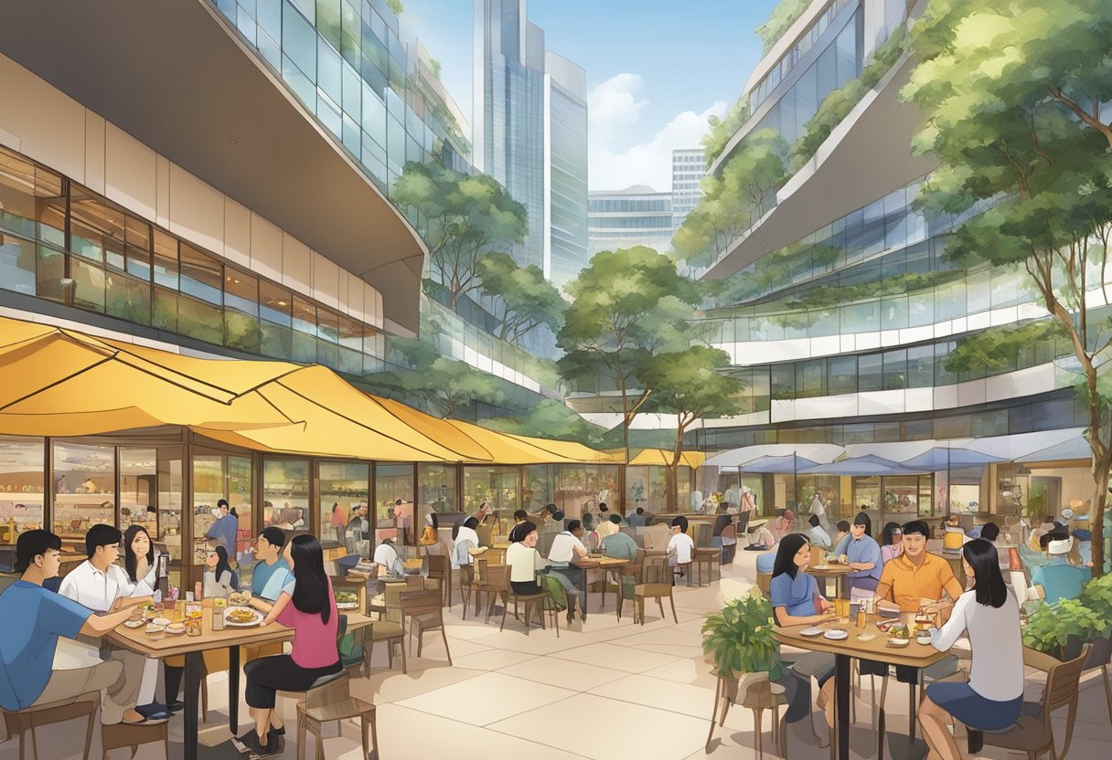 A bustling dining and leisure scene at Temasek Boulevard, Conrad Centennial Singapore. Vibrant and lively atmosphere with people enjoying various activities