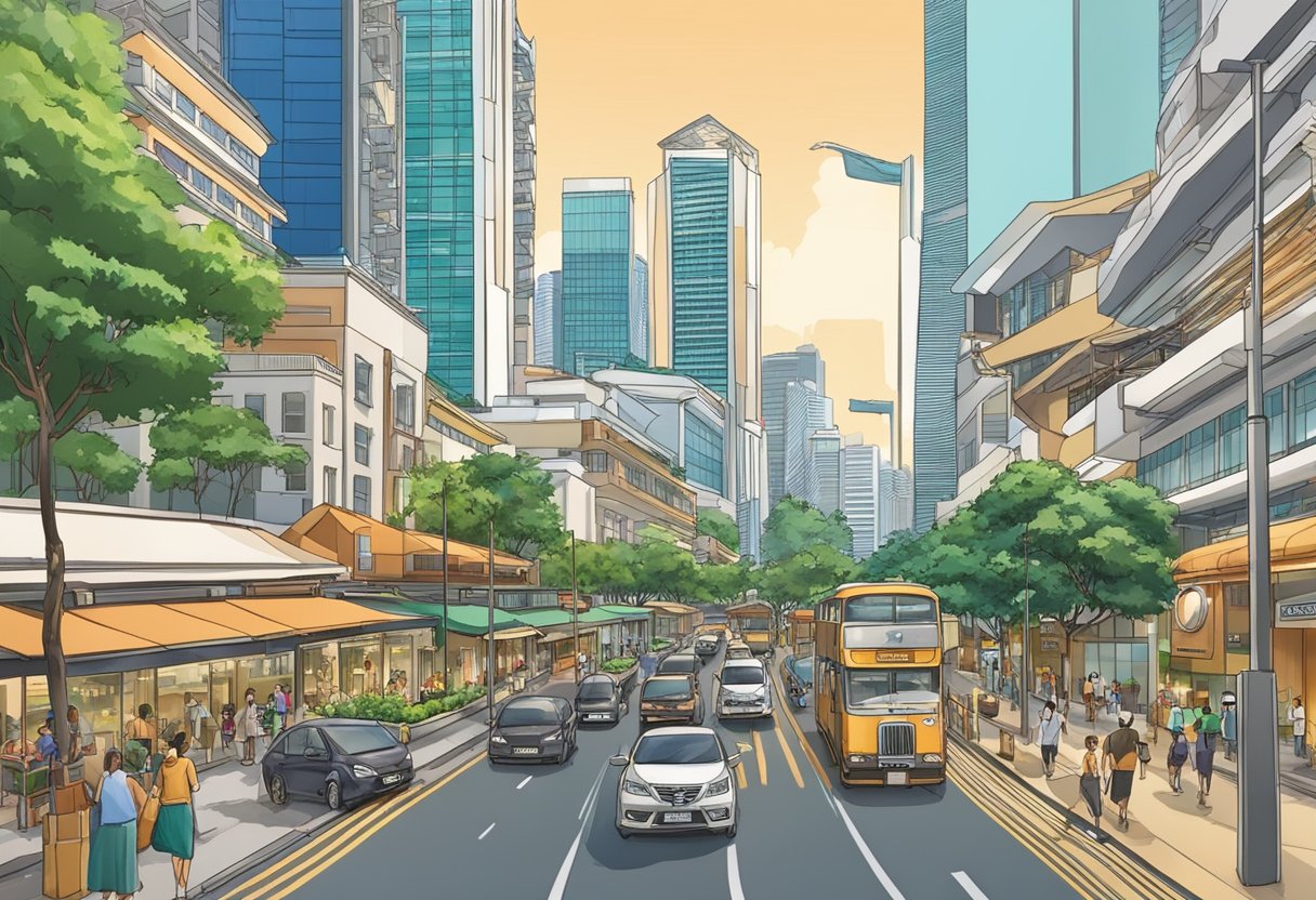 A bustling street in Singapore, with the Conrad Centennial hotel towering over Temasek Boulevard. The cityscape is alive with activity and energy