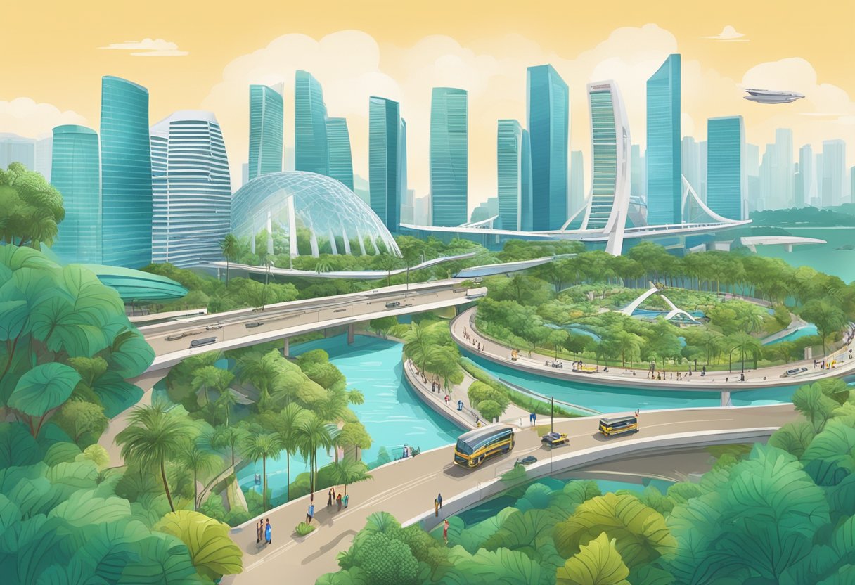 A bustling city street with iconic Singapore landmarks in the background, including the Marina Bay Sands and the futuristic Supertree Grove at Gardens by the Bay